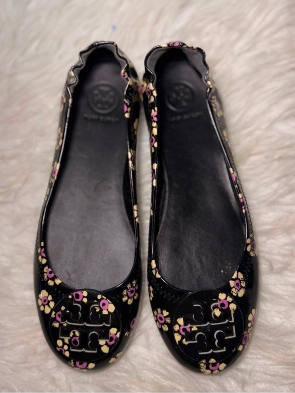 Tory Burch Black Floral Logo Ballet Flats with Pink & Cream Accents